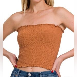 NWT! Almond Smocked Stretchy Tube Top Zenana Outfitters Rust Bandeau